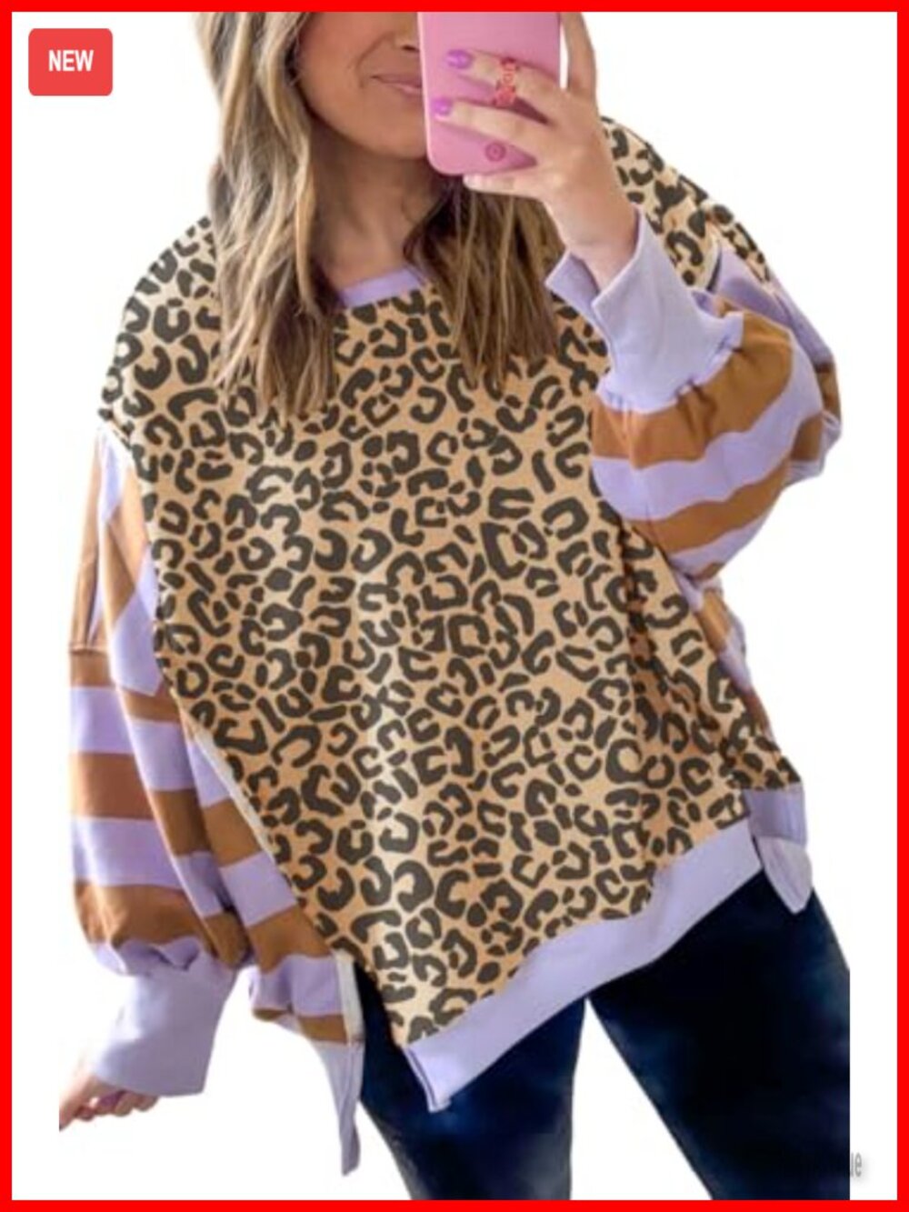 Striped Leopard Patchwork Drop Shoulder Sweatshirt Women
